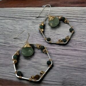 Hexagon Earrings Green Gold Silver Toned